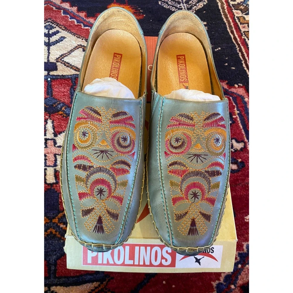 PIKOLINOS Embroidered Leather Mules Mar Sage Green Moccasin Loafers Women 42 NIB